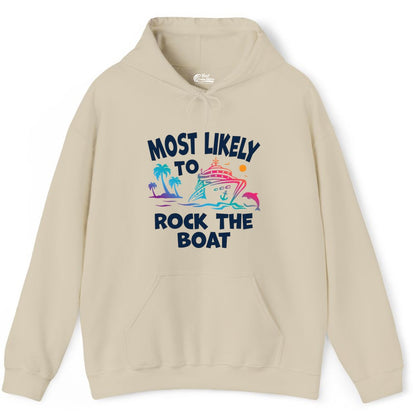 Cruise Shirt Funny - Rock the Boat Tropical Sunset Vacation Tee (Hoodie) in Sand - Most Likely to Rock the Boat Cruise Shirt Tropical Sunset Graphic