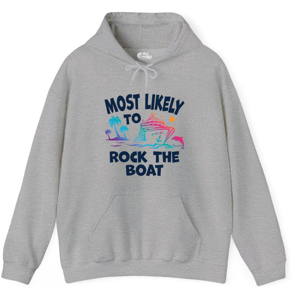 Cruise Shirt Funny - Rock the Boat Tropical Sunset Vacation Tee (Hoodie) in Sport Grey - Most Likely to Rock the Boat Cruise Shirt Tropical Sunset Graphic