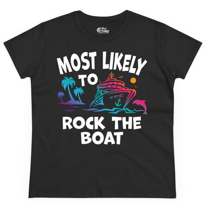 Cruise Shirt Funny - Rock the Boat Tropical Sunset Vacation Tee (Ladies Tee) in Black - Most Likely to Rock the Boat Cruise Shirt Tropical Sunset Graphic