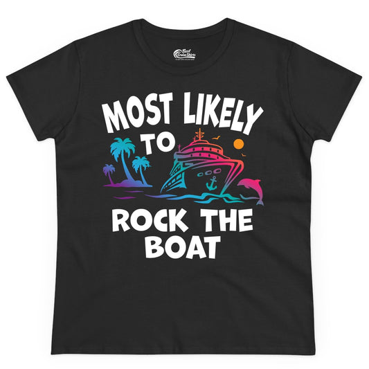 Cruise Shirt Funny - Rock the Boat Tropical Sunset Vacation Tee (Ladies Tee) in Black - Most Likely to Rock the Boat Cruise Shirt Tropical Sunset Graphic