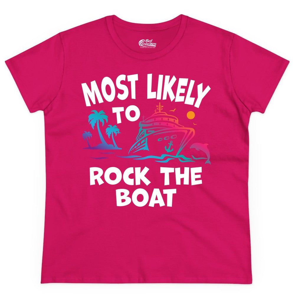 Cruise Shirt Funny - Rock the Boat Tropical Sunset Vacation Tee (Ladies Tee) in Heliconia - Most Likely to Rock the Boat Cruise Shirt Tropical Sunset Graphic
