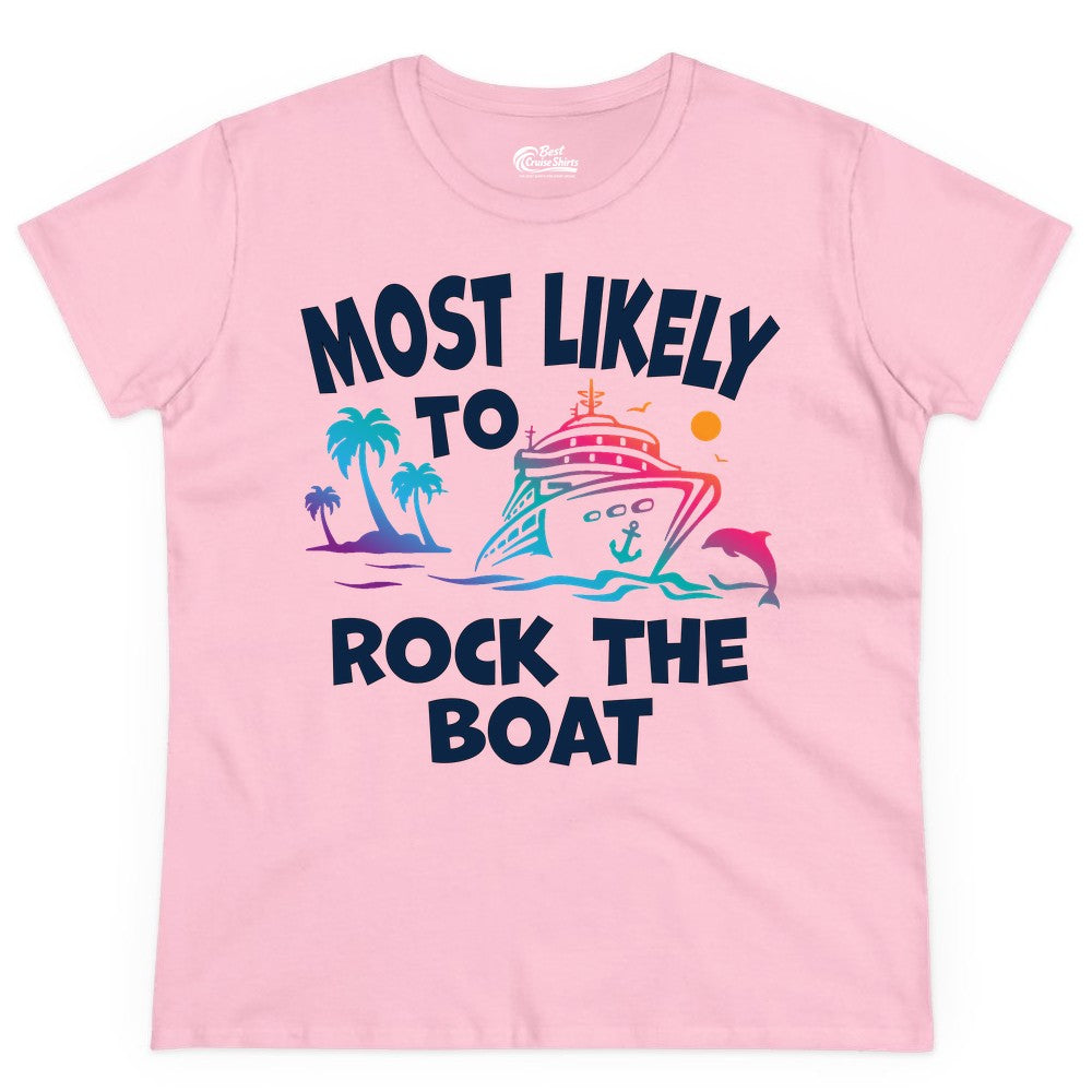 Cruise Shirt Funny - Rock the Boat Tropical Sunset Vacation Tee (Ladies Tee) in Light Pink - Most Likely to Rock the Boat Cruise Shirt Tropical Sunset Graphic