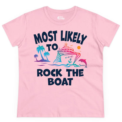 Cruise Shirt Funny - Rock the Boat Tropical Sunset Vacation Tee (Ladies Tee) in Light Pink - Most Likely to Rock the Boat Cruise Shirt Tropical Sunset Graphic