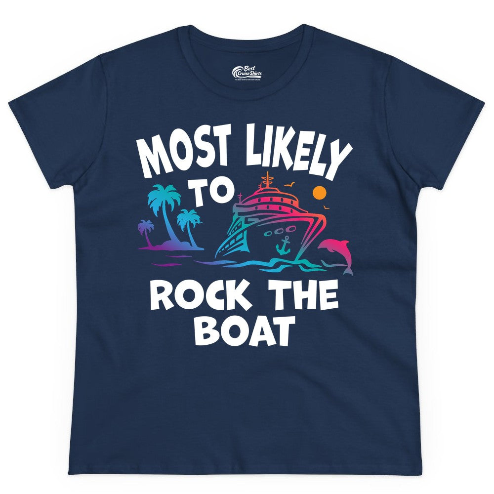 Cruise Shirt Funny - Rock the Boat Tropical Sunset Vacation Tee (Ladies Tee) in Navy - Most Likely to Rock the Boat Cruise Shirt Tropical Sunset Graphic