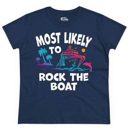 Cruise Shirt Funny - Rock the Boat Tropical Sunset Vacation Tee (Ladies Tee) in Navy - Most Likely to Rock the Boat Cruise Shirt Tropical Sunset Graphic
