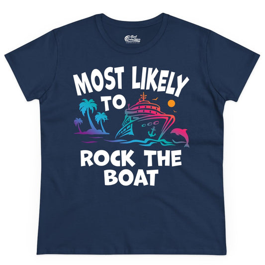 Cruise Shirt Funny - Rock the Boat Tropical Sunset Vacation Tee (Ladies Tee) in Navy - Most Likely to Rock the Boat Cruise Shirt Tropical Sunset Graphic