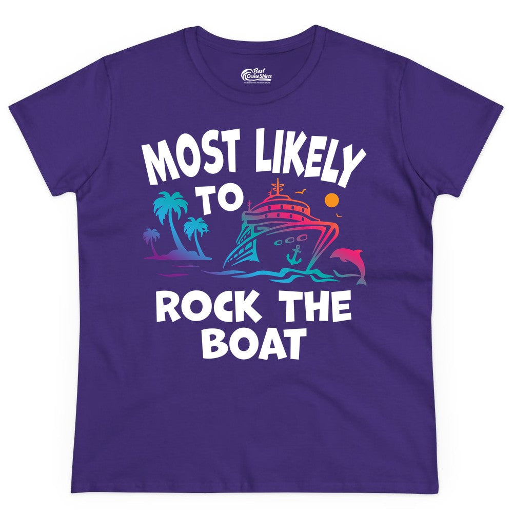 Cruise Shirt Funny - Rock the Boat Tropical Sunset Vacation Tee (Ladies Tee) in Purple - Most Likely to Rock the Boat Cruise Shirt Tropical Sunset Graphic