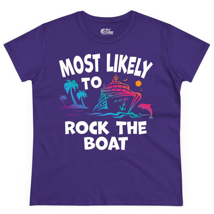 Cruise Shirt Funny - Rock the Boat Tropical Sunset Vacation Tee (Ladies Tee) in Purple - Most Likely to Rock the Boat Cruise Shirt Tropical Sunset Graphic