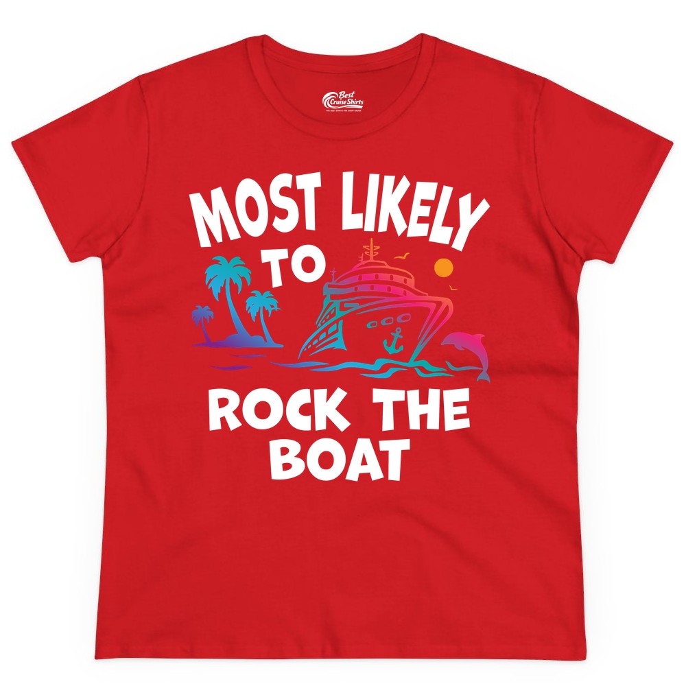 Cruise Shirt Funny - Rock the Boat Tropical Sunset Vacation Tee (Ladies Tee) in Red - Most Likely to Rock the Boat Cruise Shirt Tropical Sunset Graphic