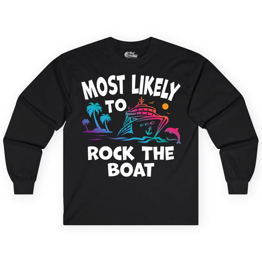 Cruise Shirt Funny - Rock the Boat Tropical Sunset Vacation Tee (Long Sleeve) in Black - Most Likely to Rock the Boat Cruise Shirt Tropical Sunset Graphic