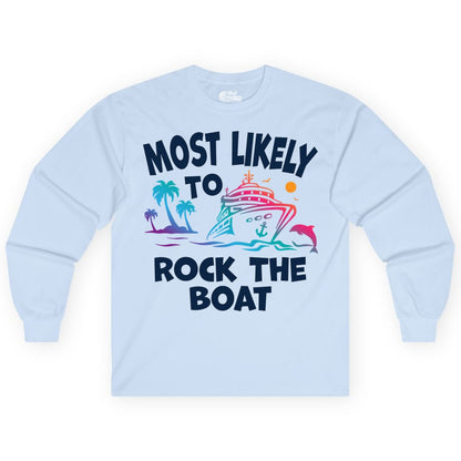 Cruise Shirt Funny - Rock the Boat Tropical Sunset Vacation Tee (Long Sleeve) in Light Blue - Most Likely to Rock the Boat Cruise Shirt Tropical Sunset Graphic