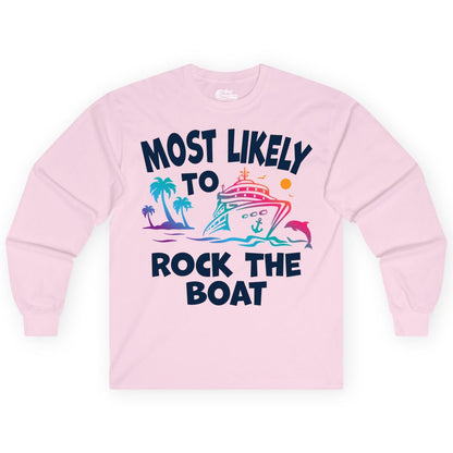 Cruise Shirt Funny - Rock the Boat Tropical Sunset Vacation Tee (Long Sleeve) in Light Pink - Most Likely to Rock the Boat Cruise Shirt Tropical Sunset Graphic