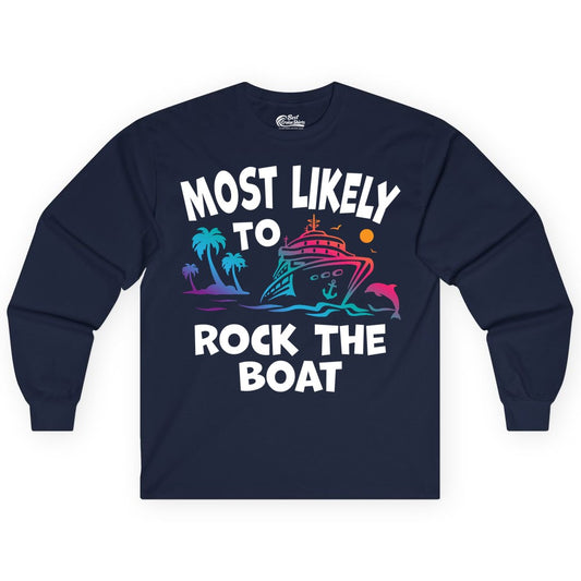 Cruise Shirt Funny - Rock the Boat Tropical Sunset Vacation Tee (Long Sleeve) in Navy - Most Likely to Rock the Boat Cruise Shirt Tropical Sunset Graphic