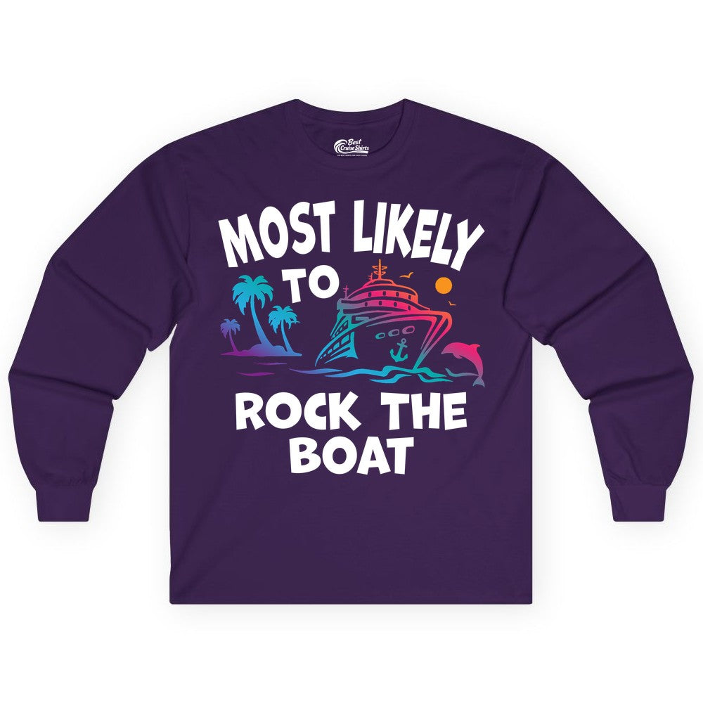 Cruise Shirt Funny - Rock the Boat Tropical Sunset Vacation Tee (Long Sleeve) in Purple - Most Likely to Rock the Boat Cruise Shirt Tropical Sunset Graphic