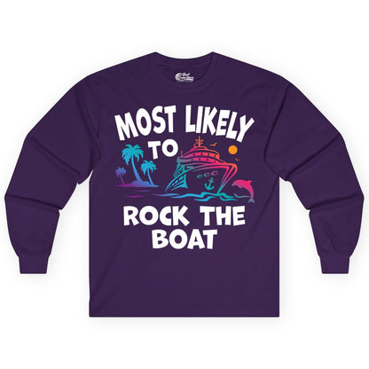 Cruise Shirt Funny - Rock the Boat Tropical Sunset Vacation Tee (Long Sleeve) in Purple - Most Likely to Rock the Boat Cruise Shirt Tropical Sunset Graphic