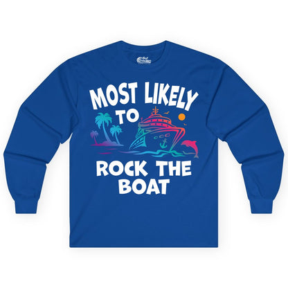 Cruise Shirt Funny - Rock the Boat Tropical Sunset Vacation Tee (Long Sleeve) in Royal - Most Likely to Rock the Boat Cruise Shirt Tropical Sunset Graphic