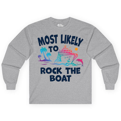 Cruise Shirt Funny - Rock the Boat Tropical Sunset Vacation Tee (Long Sleeve) in Sport Grey - Most Likely to Rock the Boat Cruise Shirt Tropical Sunset Graphic