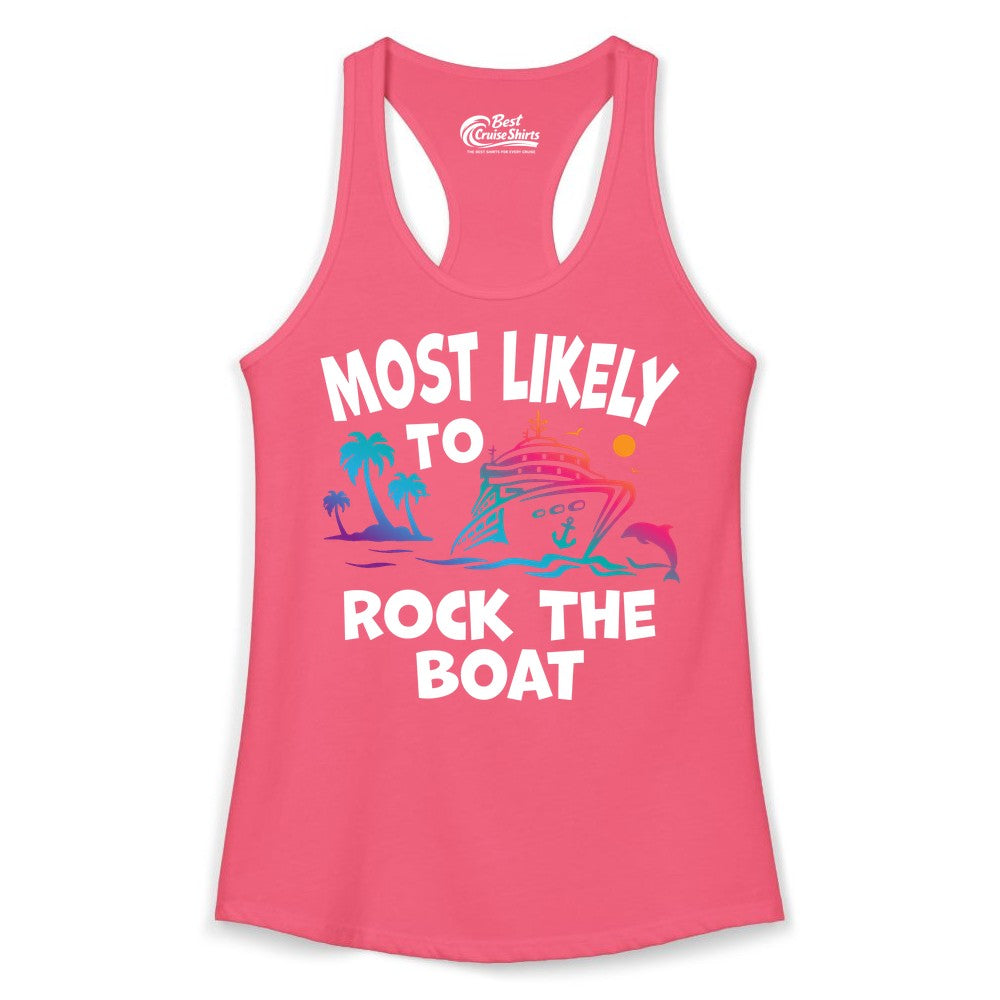 Cruise Shirt Funny - Rock the Boat Tropical Sunset Vacation Tee (Ladies Tank) in Hot Pink - Most Likely to Rock the Boat Cruise Shirt Tropical Sunset Graphic