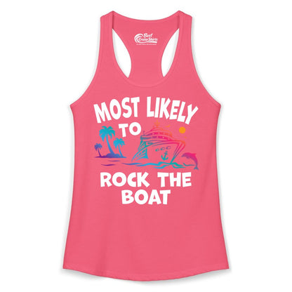 Cruise Shirt Funny - Rock the Boat Tropical Sunset Vacation Tee (Ladies Tank) in Hot Pink - Most Likely to Rock the Boat Cruise Shirt Tropical Sunset Graphic