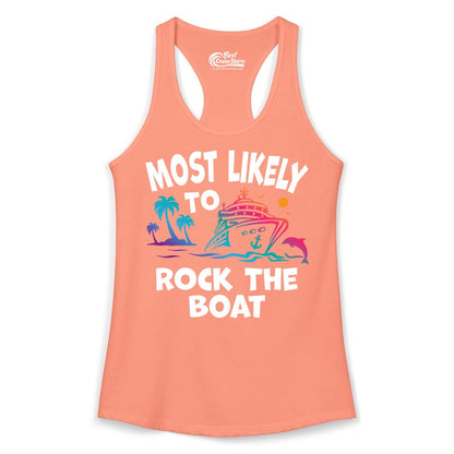 Cruise Shirt Funny - Rock the Boat Tropical Sunset Vacation Tee (Ladies Tank) in Solid Light Orange - Most Likely to Rock the Boat Cruise Shirt Tropical Sunset Graphic