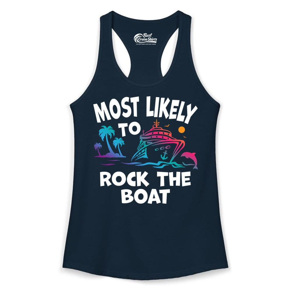 Cruise Shirt Funny - Rock the Boat Tropical Sunset Vacation Tee (Ladies Tank) in Solid Midnight Navy - Most Likely to Rock the Boat Cruise Shirt Tropical Sunset Graphic