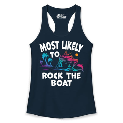 Cruise Shirt Funny - Rock the Boat Tropical Sunset Vacation Tee (Ladies Tank) in Solid Midnight Navy - Most Likely to Rock the Boat Cruise Shirt Tropical Sunset Graphic