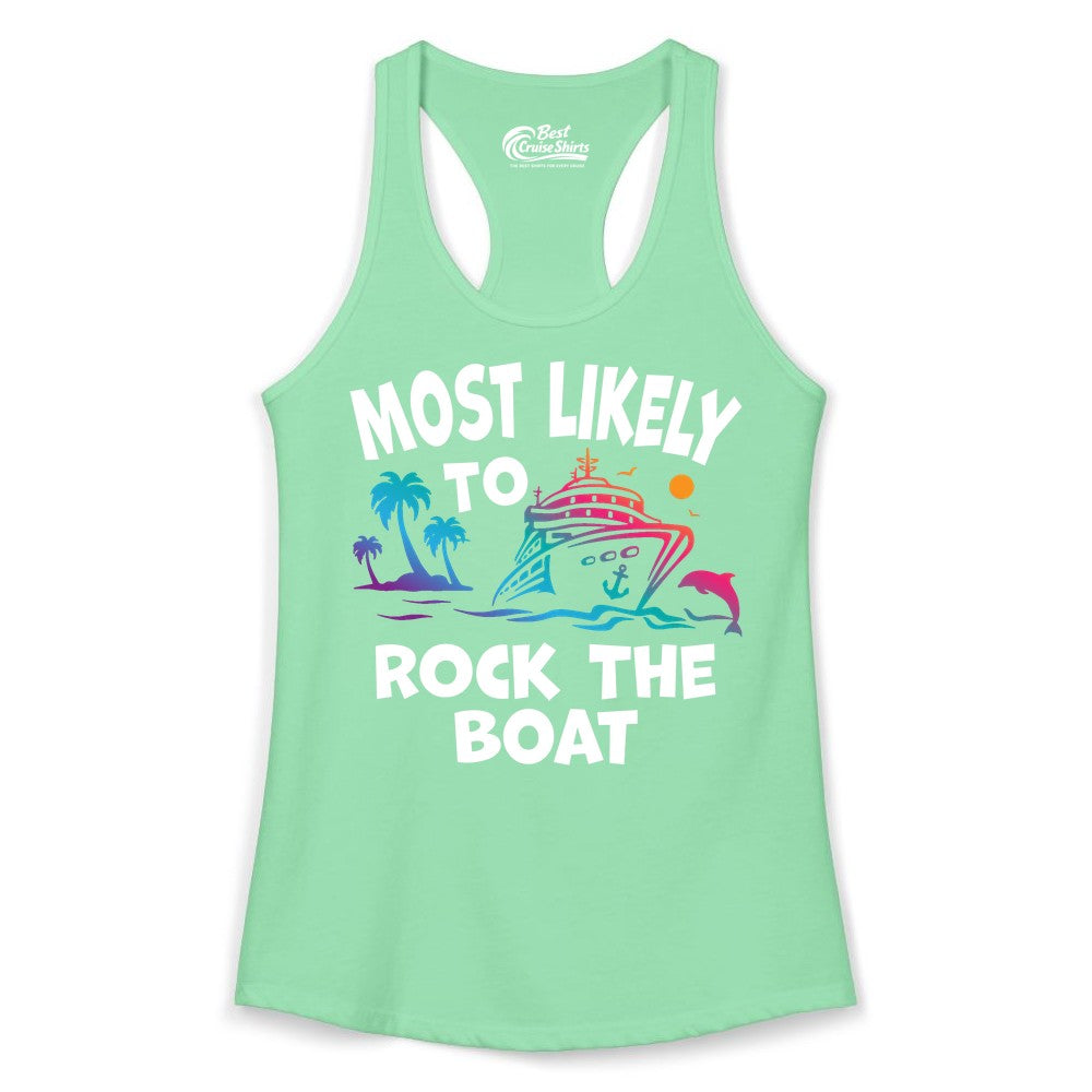 Cruise Shirt Funny - Rock the Boat Tropical Sunset Vacation Tee (Ladies Tank) in Solid Mint - Most Likely to Rock the Boat Cruise Shirt Tropical Sunset Graphic