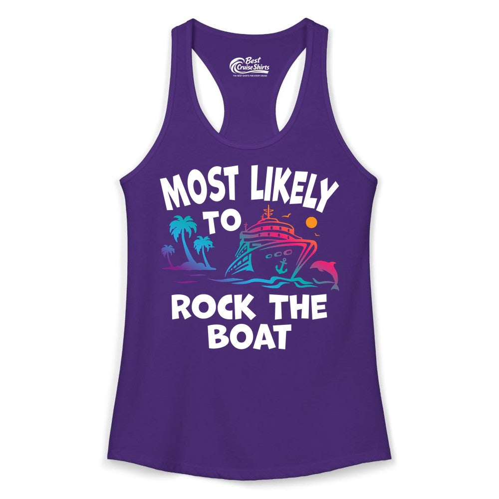 Cruise Shirt Funny - Rock the Boat Tropical Sunset Vacation Tee (Ladies Tank) in Solid Purple Rush - Most Likely to Rock the Boat Cruise Shirt Tropical Sunset Graphic