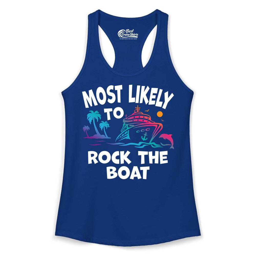 Cruise Shirt Funny - Rock the Boat Tropical Sunset Vacation Tee (Ladies Tank) in Solid Royal - Most Likely to Rock the Boat Cruise Shirt Tropical Sunset Graphic