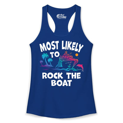 Cruise Shirt Funny - Rock the Boat Tropical Sunset Vacation Tee (Ladies Tank) in Solid Royal - Most Likely to Rock the Boat Cruise Shirt Tropical Sunset Graphic