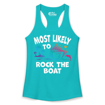 Cruise Shirt Funny - Rock the Boat Tropical Sunset Vacation Tee (Ladies Tank) in Tahiti Blue - Most Likely to Rock the Boat Cruise Shirt Tropical Sunset Graphic