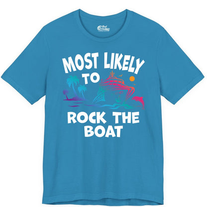 Cruise Shirt Funny - Rock the Boat Tropical Sunset Vacation Tee (Premium Tee) in Aqua - Most Likely to Rock the Boat Cruise Shirt Tropical Sunset Graphic