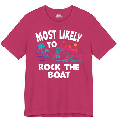 Cruise Shirt Funny - Rock the Boat Tropical Sunset Vacation Tee (Premium Tee) in Berry - Most Likely to Rock the Boat Cruise Shirt Tropical Sunset Graphic