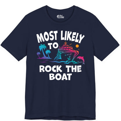 Cruise Shirt Funny - Rock the Boat Tropical Sunset Vacation Tee (Premium Tee) in Navy - Most Likely to Rock the Boat Cruise Shirt Tropical Sunset Graphic
