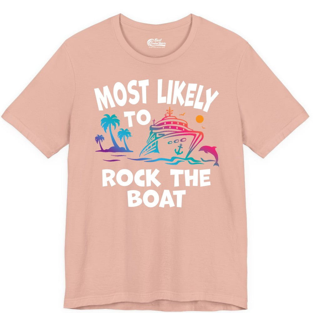 Cruise Shirt Funny - Rock the Boat Tropical Sunset Vacation Tee (Premium Tee) in Peach - Most Likely to Rock the Boat Cruise Shirt Tropical Sunset Graphic