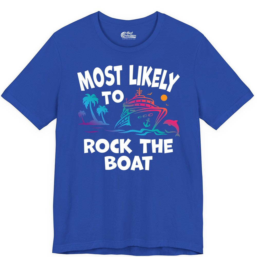 Cruise Shirt Funny - Rock the Boat Tropical Sunset Vacation Tee (Premium Tee) in True Royal - Most Likely to Rock the Boat Cruise Shirt Tropical Sunset Graphic