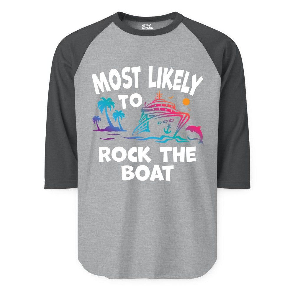 Cruise Shirt Funny - Rock the Boat Tropical Sunset Vacation Tee (Raglan) in Heather GreyHeather Charcoal - Most Likely to Rock the Boat Cruise Shirt Tropical Sunset Graphic