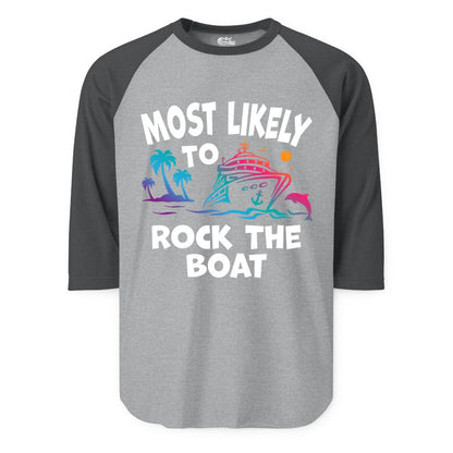 Cruise Shirt Funny - Rock the Boat Tropical Sunset Vacation Tee (Raglan) in Heather GreyHeather Charcoal - Most Likely to Rock the Boat Cruise Shirt Tropical Sunset Graphic