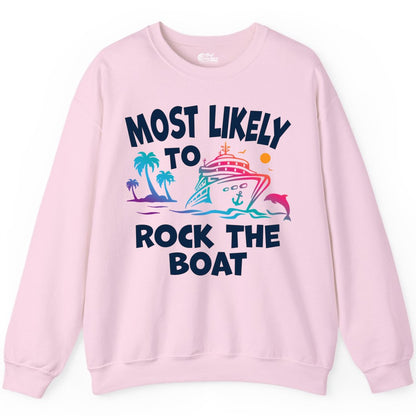Cruise Shirt Funny - Rock the Boat Tropical Sunset Vacation Tee (Sweatshirt) in Light Pink - Most Likely to Rock the Boat Cruise Shirt Tropical Sunset Graphic