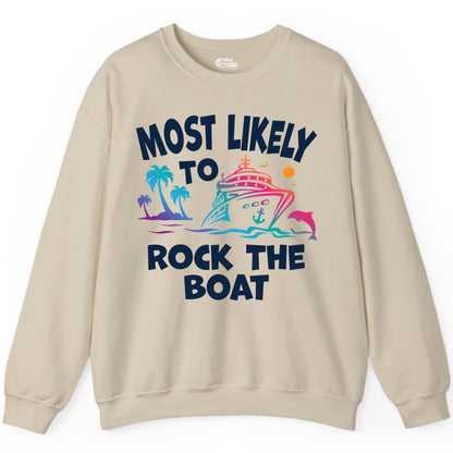 Cruise Shirt Funny - Rock the Boat Tropical Sunset Vacation Tee (Sweatshirt) in Sand - Most Likely to Rock the Boat Cruise Shirt Tropical Sunset Graphic
