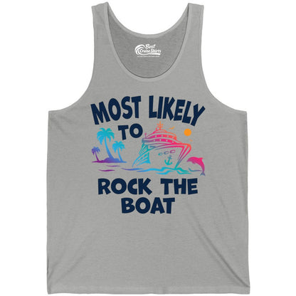 Cruise Shirt Funny - Rock the Boat Tropical Sunset Vacation Tee (Tank Top) in Athletic Heather - Most Likely to Rock the Boat Cruise Shirt Tropical Sunset Graphic