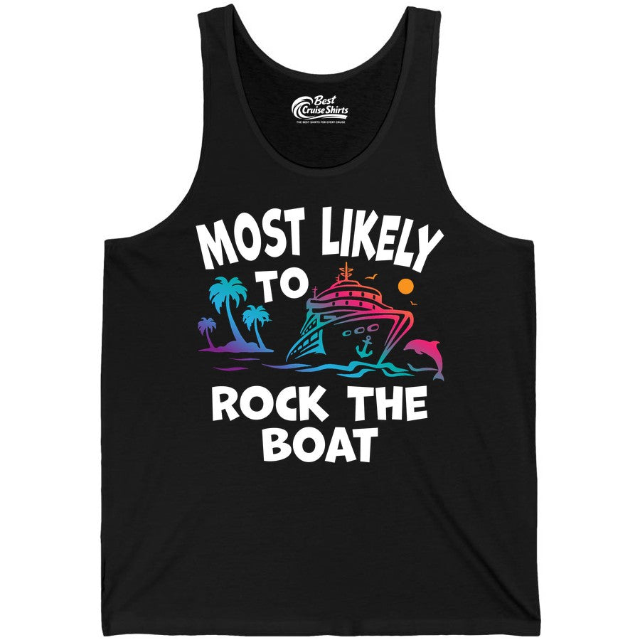 Cruise Shirt Funny - Rock the Boat Tropical Sunset Vacation Tee (Tank Top) in Black - Most Likely to Rock the Boat Cruise Shirt Tropical Sunset Graphic