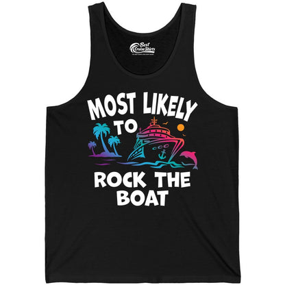 Cruise Shirt Funny - Rock the Boat Tropical Sunset Vacation Tee (Tank Top) in Black - Most Likely to Rock the Boat Cruise Shirt Tropical Sunset Graphic