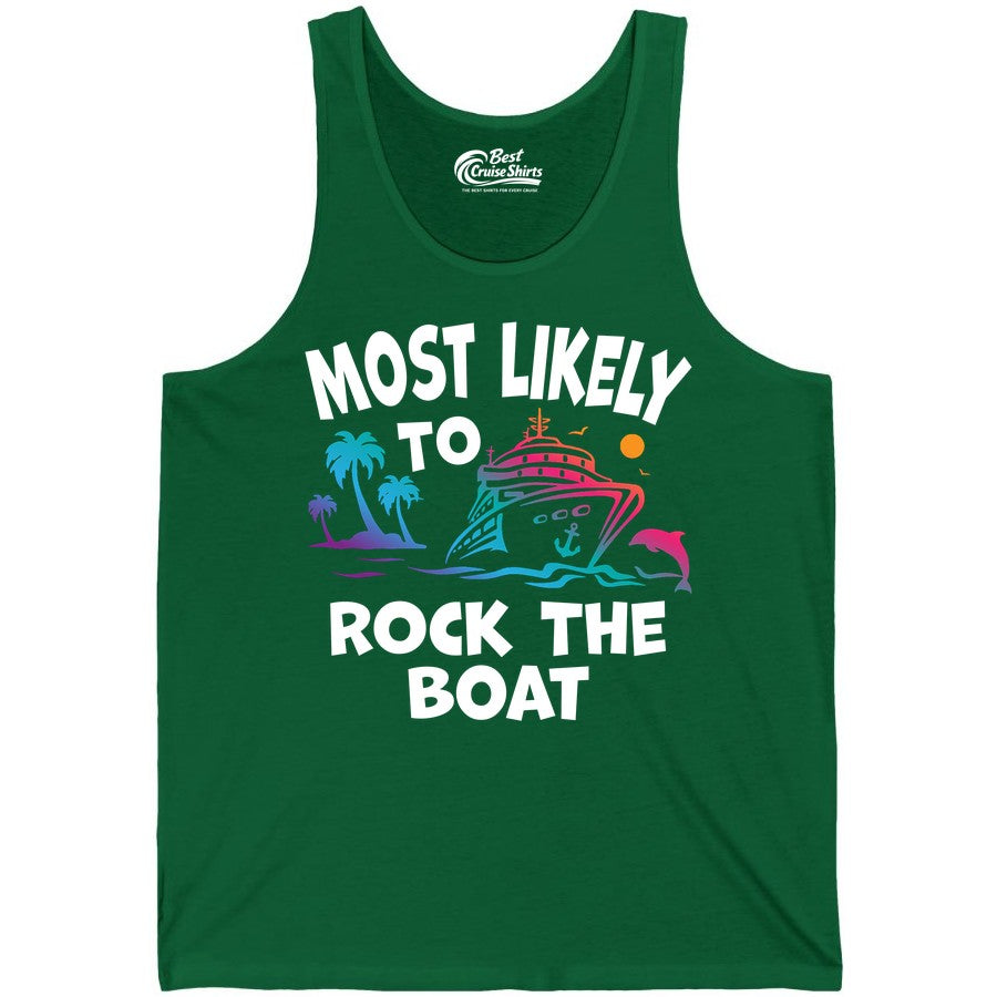 Cruise Shirt Funny - Rock the Boat Tropical Sunset Vacation Tee (Tank Top) in Kelly - Most Likely to Rock the Boat Cruise Shirt Tropical Sunset Graphic