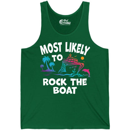 Cruise Shirt Funny - Rock the Boat Tropical Sunset Vacation Tee (Tank Top) in Kelly - Most Likely to Rock the Boat Cruise Shirt Tropical Sunset Graphic