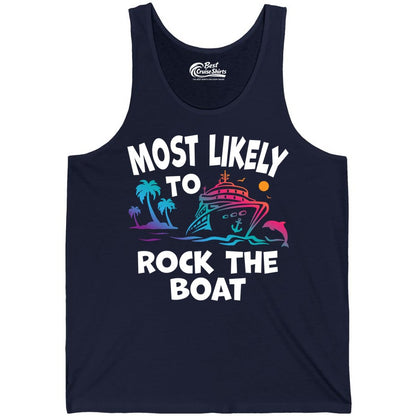 Cruise Shirt Funny - Rock the Boat Tropical Sunset Vacation Tee (Tank Top) in Navy - Most Likely to Rock the Boat Cruise Shirt Tropical Sunset Graphic