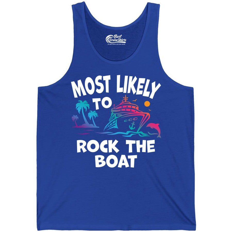 Cruise Shirt Funny - Rock the Boat Tropical Sunset Vacation Tee (Tank Top) in True Royal - Most Likely to Rock the Boat Cruise Shirt Tropical Sunset Graphic
