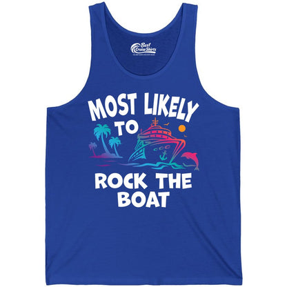 Cruise Shirt Funny - Rock the Boat Tropical Sunset Vacation Tee (Tank Top) in True Royal - Most Likely to Rock the Boat Cruise Shirt Tropical Sunset Graphic