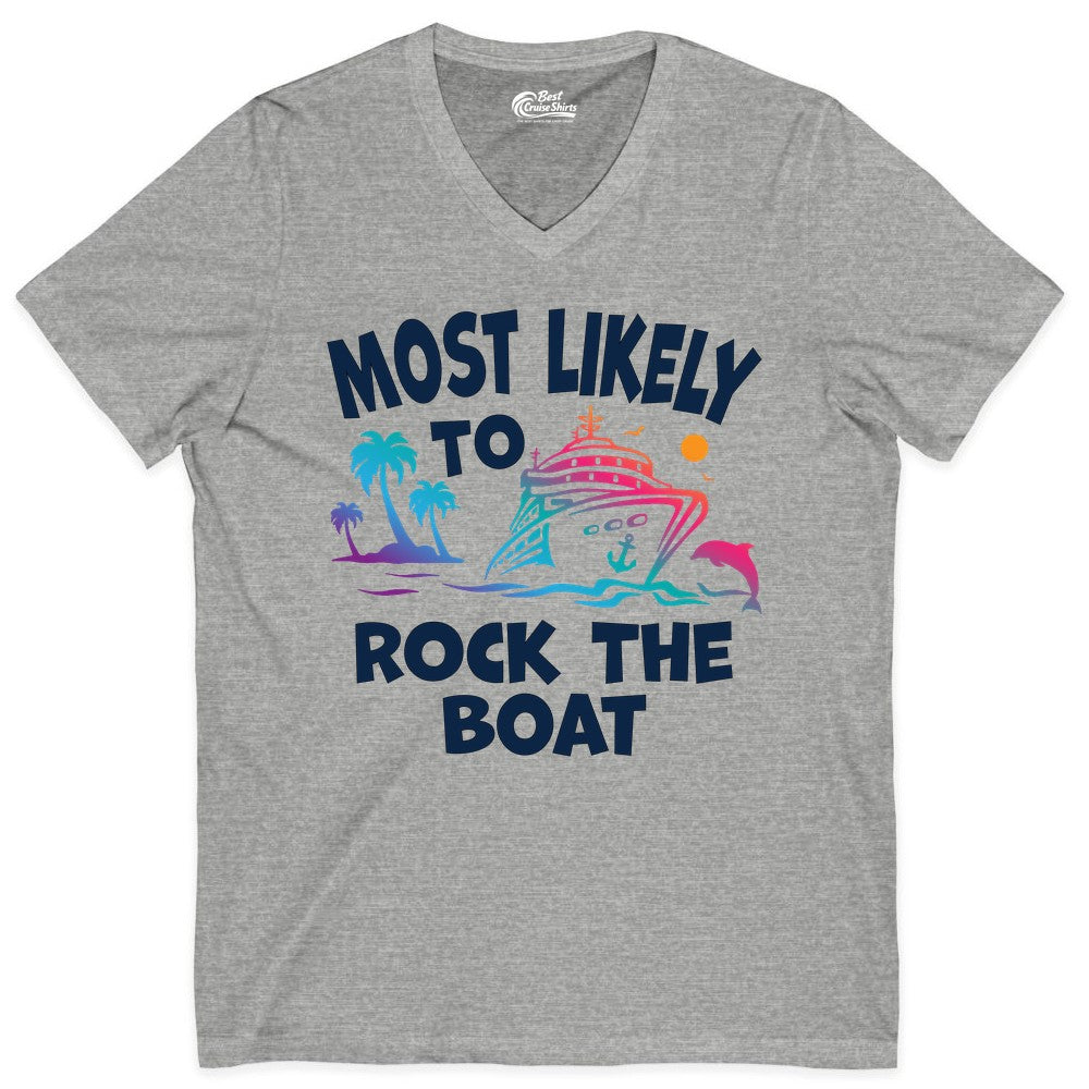 Cruise Shirt Funny - Rock the Boat Tropical Sunset Vacation Tee (V-Neck) in Athletic Heather - Most Likely to Rock the Boat Cruise Shirt Tropical Sunset Graphic