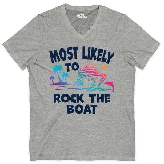 Cruise Shirt Funny - Rock the Boat Tropical Sunset Vacation Tee (V-Neck) in Athletic Heather - Most Likely to Rock the Boat Cruise Shirt Tropical Sunset Graphic